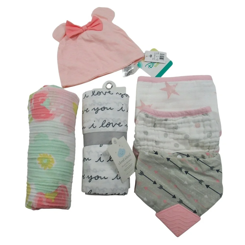Baby Girl Muslin Blankets and Bandana Bib 6pc Lot